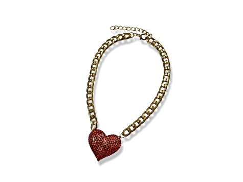 Red Crystal Gold Tone Center Heart Pendant Necklace.
