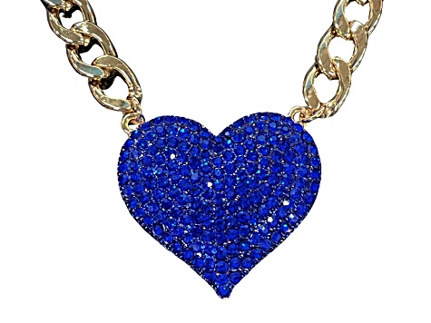 Blue Crystal Gold Tone Center Heart Pendant Necklace.