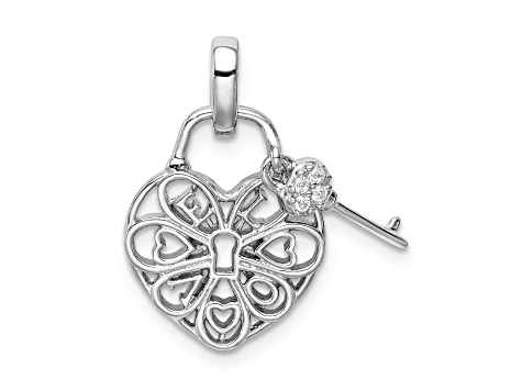 Rhodium Over Sterling Silver Heart Lock and Key with Cubic Zirconia Pendant