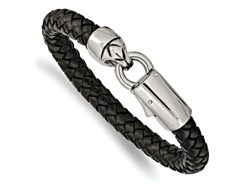 Picture of Black Leather and Stainless Steel Antiqued and Polished 8.25-inch Bracelet