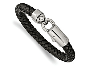 Black Leather and Stainless Steel Antiqued and Polished 8.25-inch Bracelet