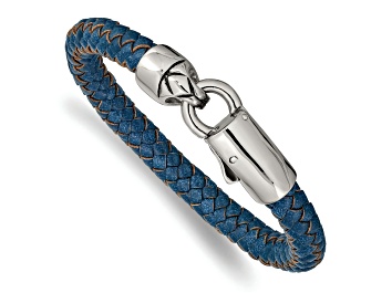 Picture of Blue Leather and Stainless Steel Antiqued and Polished 8.25-inch Bracelet