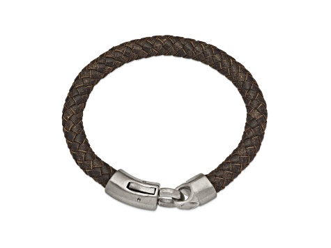 Brown Leather and Stainless Steel Brushed 8.25-inch Bracelet