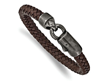 Picture of Brown Leather and Stainless Steel Antiqued Grey-plated 8.25-inch Bracelet