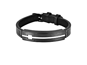Mens Black Leather and Stainless Steel Cross Bracelet