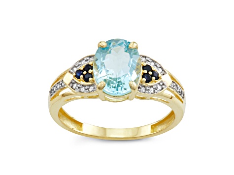 Aquamarine and Sapphire with Diamond Accent 10K Yellow Gold Ring 1.81ctw