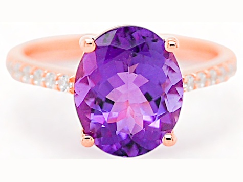 11x9mm Oval Amethyst and White CZ 18K Rose Gold Over Sterling Silver Ring, 3.11ctw