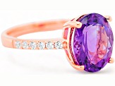 11x9mm Oval Amethyst and White CZ 18K Rose Gold Over Sterling Silver Ring, 3.11ctw