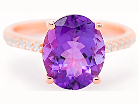 11x9mm Oval Amethyst and White CZ 18K Rose Gold Over Sterling Silver Ring, 3.11ctw