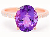 11x9mm Oval Amethyst and White CZ 18K Rose Gold Over Sterling Silver Ring, 3.11ctw
