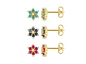 Green Emerald 18k Yellow Gold Over Sterling Silver Flower Earring Set