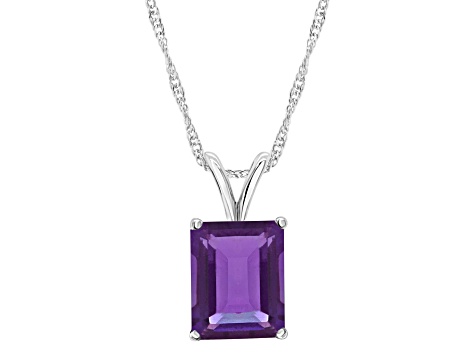 10x8mm Emerald Cut Amethyst Rhodium Over Sterling Silver Pendant With Chain