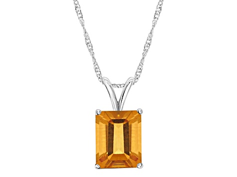 10x8mm Emerald Cut Citrine Rhodium Over Sterling Silver Pendant With Chain