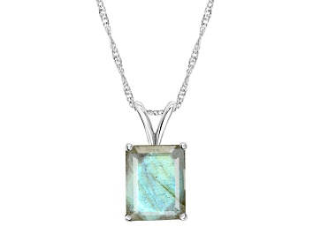 Picture of 10x8mm Emerald Cut Labradorite Rhodium Over Sterling Silver Pendant With Chain