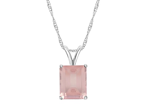 10x8mm Emerald Cut Rose Quartz Rhodium Over Sterling Silver Pendant With Chain