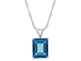 10x8mm Emerald Cut London Blue Topaz Rhodium Over Sterling Silver Pendant With Chain