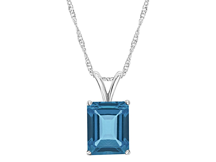 10x8mm Emerald Cut London Blue Topaz Rhodium Over Sterling Silver Pendant With Chain