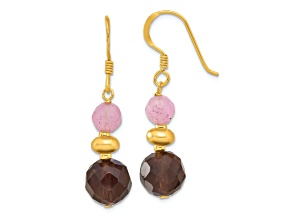 14K Gold Over Sterling Silver Pink Jadeite and Smoky Quartz Dangle Earrings