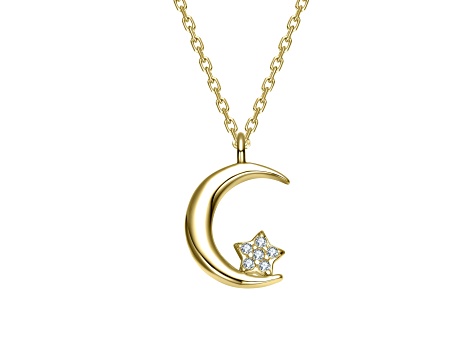 Clear Cubic Zirconia, 14K Gold Plated over Brass Crescent Moon