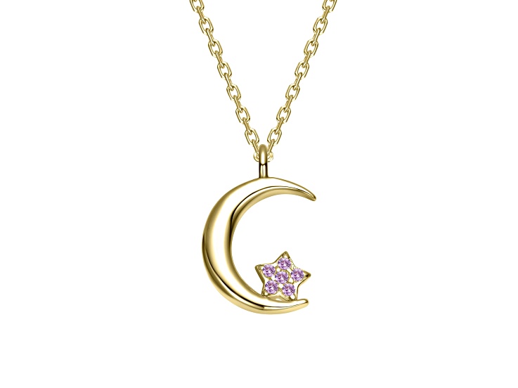 Pink Cubic Zirconia, 14K Gold Plated over Brass Crescent Moon & Star Pendant Necklace for Kids