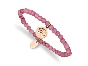 Rose Stainless Steel Polished Tree Pink Jade Beaded Stretch Bracelet