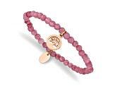 Rose Stainless Steel Polished Tree Pink Jade Beaded Stretch Bracelet