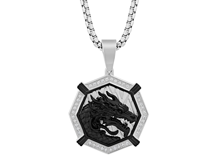 Black Ion-Plated Stainless Steel and White Diamond Dragon Face Medallion Pendant With Chain 0.25ctw