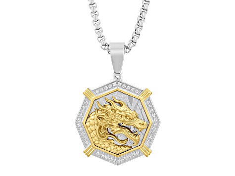 Yellow Ion-Plated Stainless Steel and White Diamond Dragon Face Medallion Pendant With Chain 0.25ctw