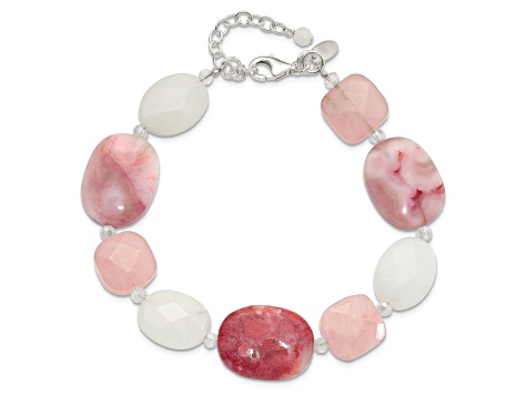 Sterling Silver Pink Agate/Quartz/Jade/Crystal with 1-inch Extension Bracelet