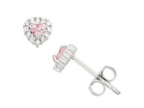 Pink And White Cubic Zirconia Rhodium Over Sterling Silver Children's Heart Earrings 0.51ctw