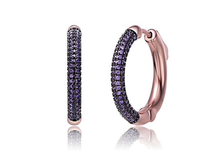 Amethyst Color Cubic Zirconia, Two-Tone Black & 18K Rose Gold Plated over Brass Hoop Earrings