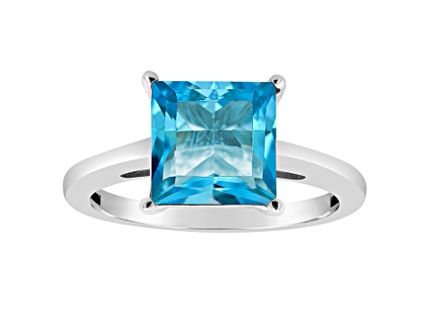 8mm Princess Cut Swiss Blue Topaz Rhodium Over Sterling Silver Ring