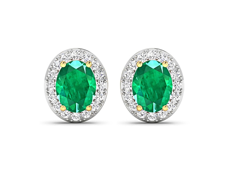 14K Yellow Gold Green Zambian Emerald and White Diamond Halo Stud Earrings