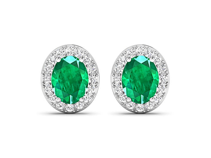14K White Gold Green Zambian Emerald and White Diamond Halo Stud Earrings