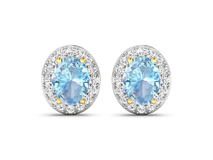Blue Aquamarine and White Diamond 14K Yellow Gold Stud Earrings