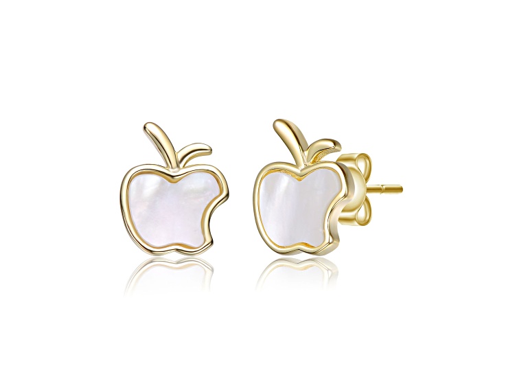 White Mother Of Pearl, 14K Gold Plated over Brass Apple Design Studs Earrings for Kids