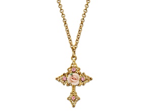 1928 Jewelry Gold Tone Crystal and Porcelain Rose Cross Filigree Necklace