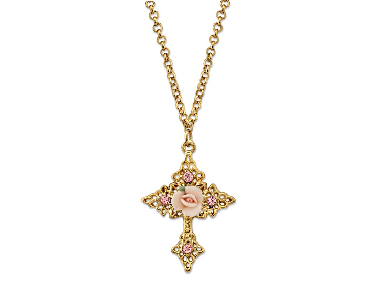 1928 Jewelry Gold Tone Crystal and Porcelain Rose Cross Filigree Necklace