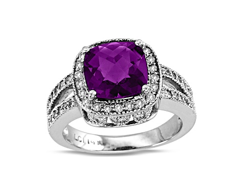 9mm Cushion Amethyst with Diamond Accents 14k White Gold Halo Split Shank Ring 0.50ctw