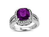 9mm Cushion Amethyst with Diamond Accents 14k White Gold Halo Split Shank Ring 0.50ctw