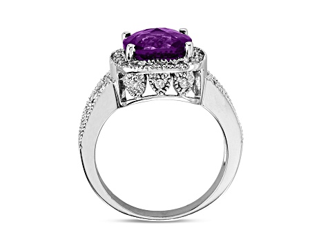 9mm Cushion Amethyst with Diamond Accents 14k White Gold Halo Split Shank Ring 0.50ctw