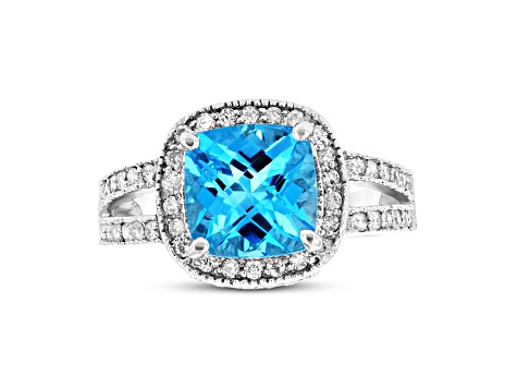 9mm Cushion Blue Topaz with Diamond Accents 14k White Gold Halo Split Shank Ring 0.50ctw