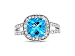 9mm Cushion Blue Topaz with Diamond Accents 14k White Gold Halo Split Shank Ring 0.50ctw