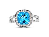 9mm Cushion Blue Topaz with Diamond Accents 14k White Gold Halo Split Shank Ring 0.50ctw