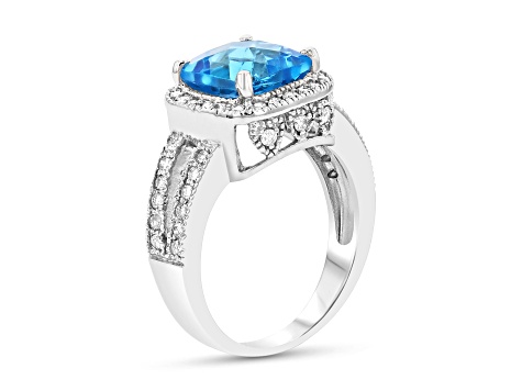 9mm Cushion Blue Topaz with Diamond Accents 14k White Gold Halo Split Shank Ring 0.50ctw