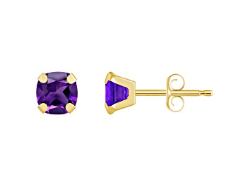 Picture of 5mm Cushion Amethyst 10k Yellow Gold Stud Earrings