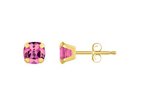 5mm Cushion Pink Topaz 10k Yellow Gold Stud Earrings