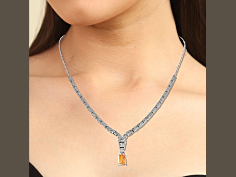 Citrine and Lab Created White Sapphire Rhodium Over Sterling Silver Art Deco Style Necklace