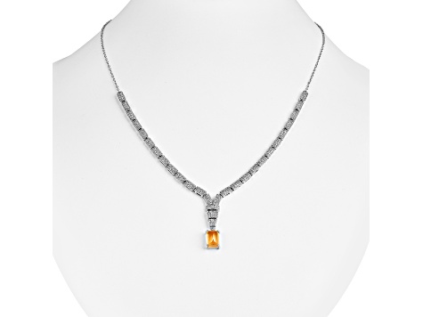 Citrine and Lab Created White Sapphire Rhodium Over Sterling Silver Art Deco Style Necklace