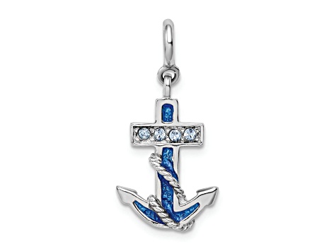 Rhodium Over Sterling Silver Crystals and Blue Enamel Anchor Charm
